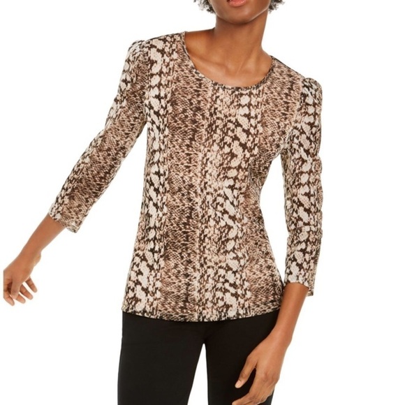 INC Snakeskin Animal Print Mesh Blouse. 3/4 sleeve  stretchy pullover top 12P - Picture 1 of 9